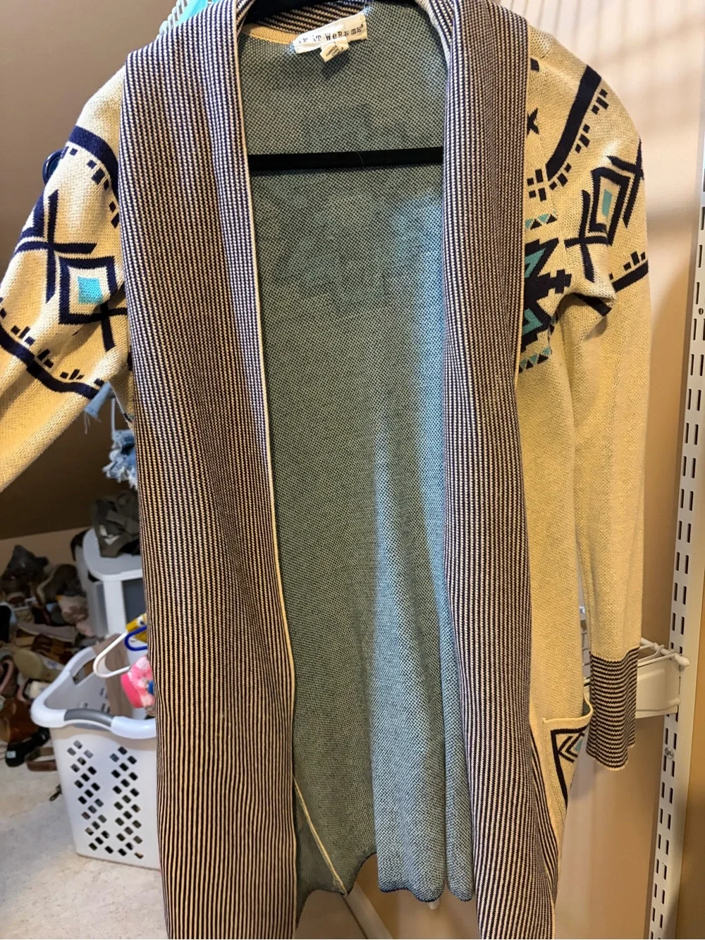 Urban Outfitters Cream Cardigan with Turquoise & Navy Aztec Motif